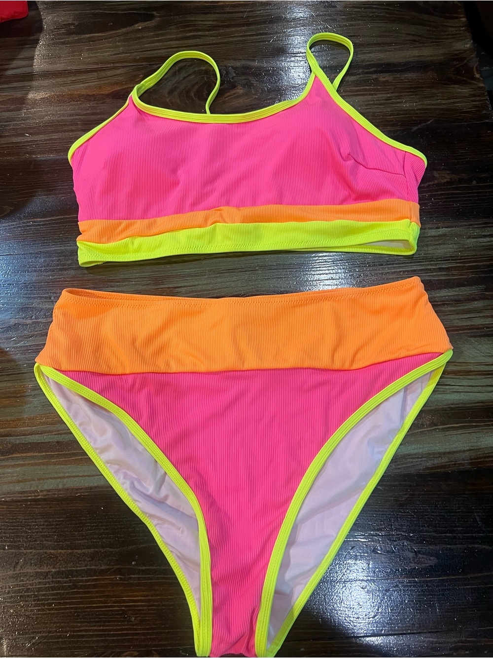 Neon Colorblock High-Waist Bikini - Pink, Orange & Yellow